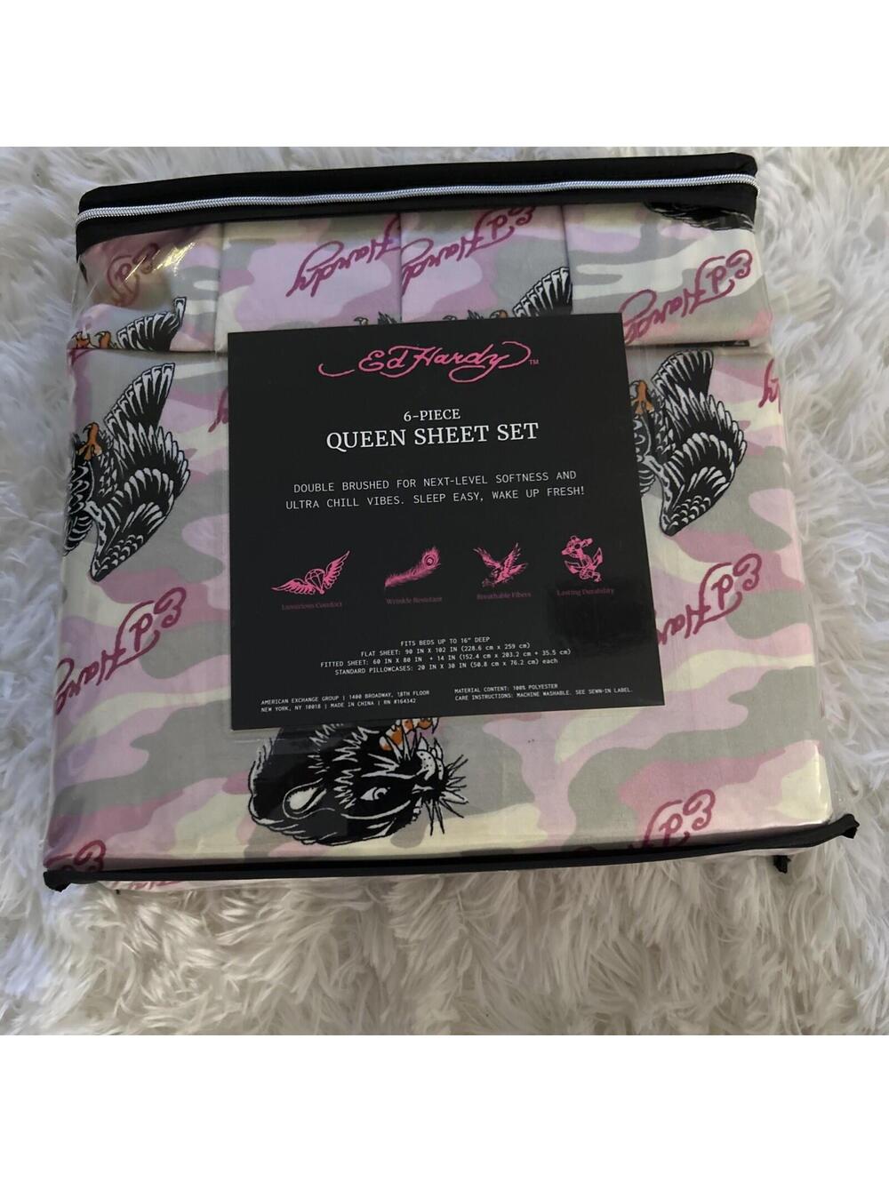 Ed Hardy Pink Gray Camo Sheet Set QUEEN Panthers Eagles Y2K w/4 Pillowcases NEW! - Picture 7 of 10